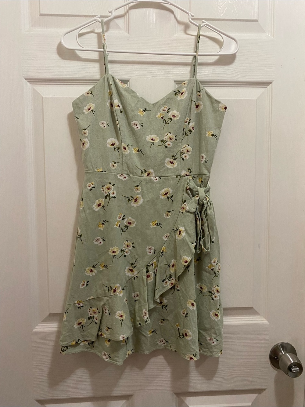 City Triangles Sage Green Floral Wrap Mini Dress with Tie